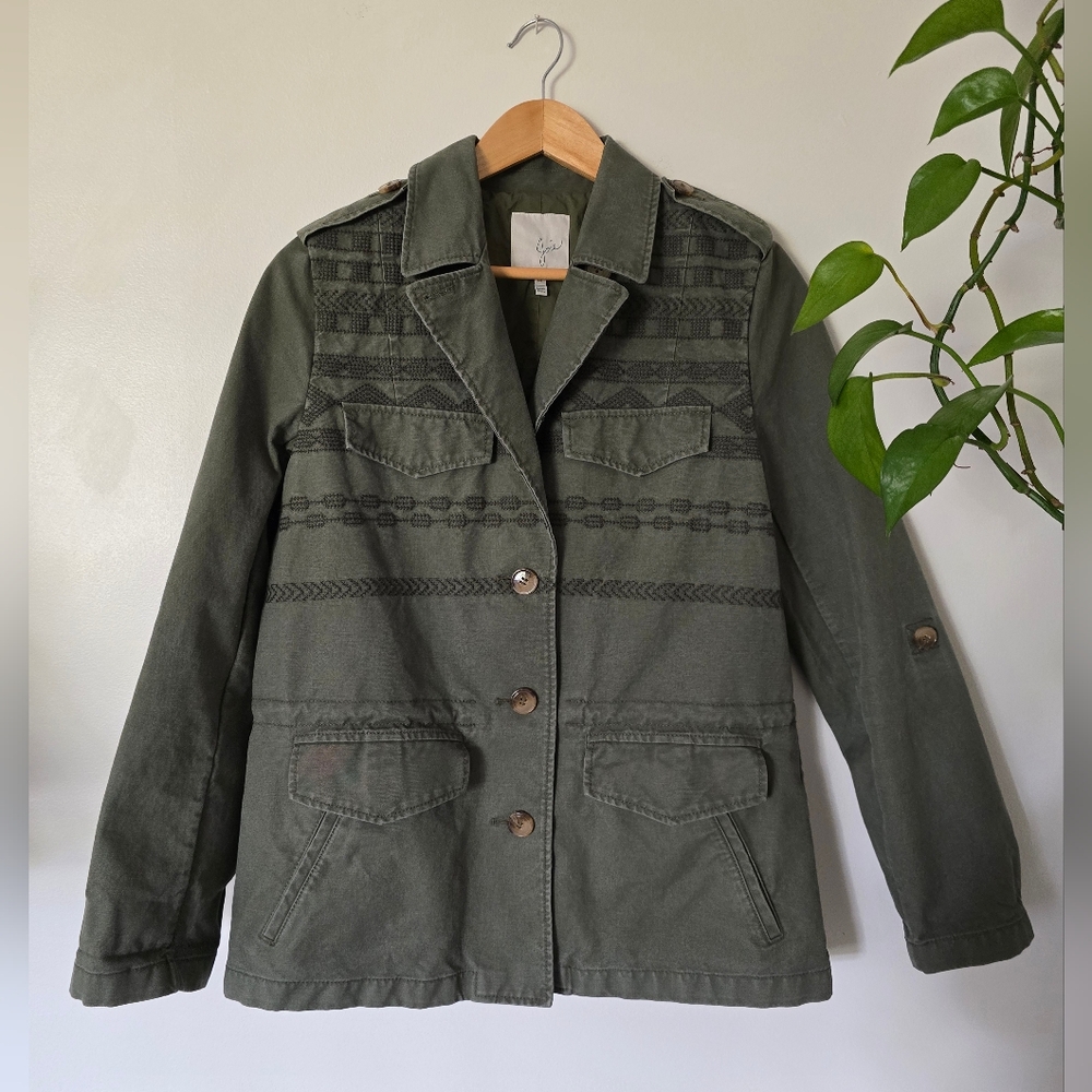 Joie Womens Medium Light Army Green Utility Embroidered Jacket